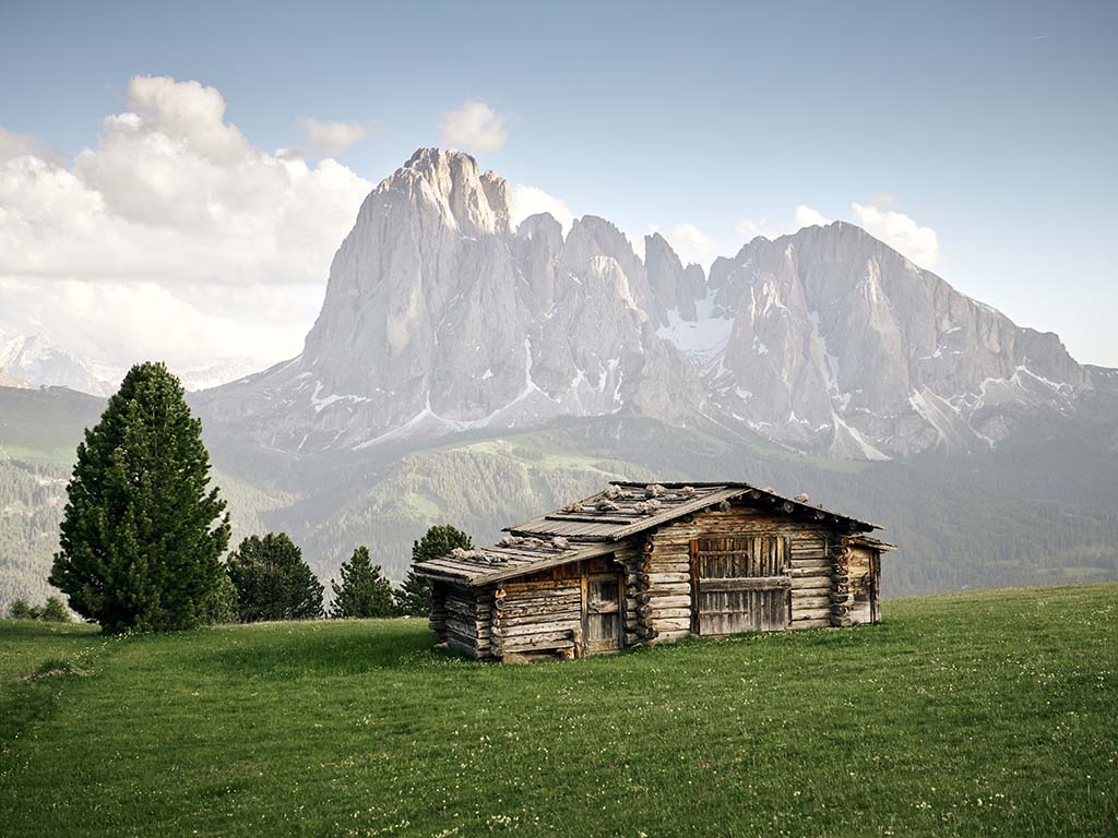 Sassolungo a baita alpina in estate